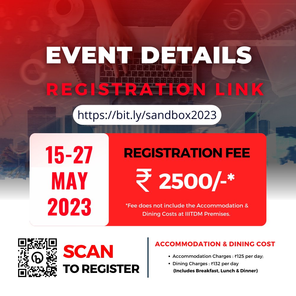 Make your Summer a Worthwhile !!!

Registration Link : bit.ly/sandbox2023

Deadline for application submission is May 10th, 2023.

For Queries,
Call us : +91 8825875559
Mail us : ta_madeit@iiitdm.ac.in

#startupsandbox #entrepreneurship #innovation  #sandbox #madeit