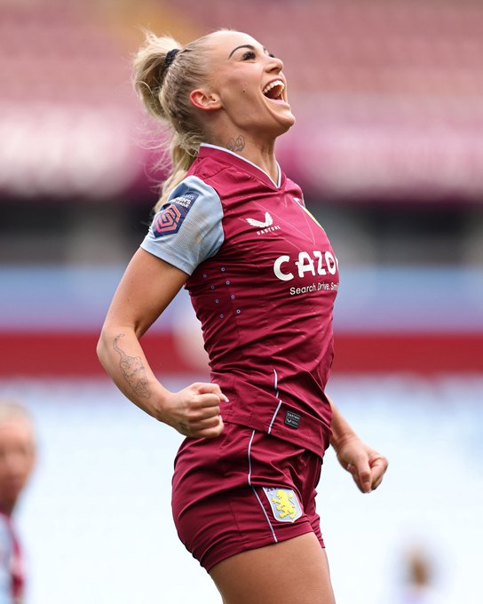 Alisha Lehmann celebrates scoring for Aston Villa in their Barclays WSL fixture with Leicester City.