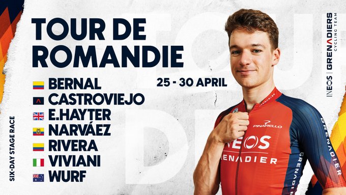 Tour de Romandie lineup
25-30 Apr
Six-day stage race

Bernal
Castroviejo
E.Hayter
Narvaez
Rivera
Viviani
Wurf
