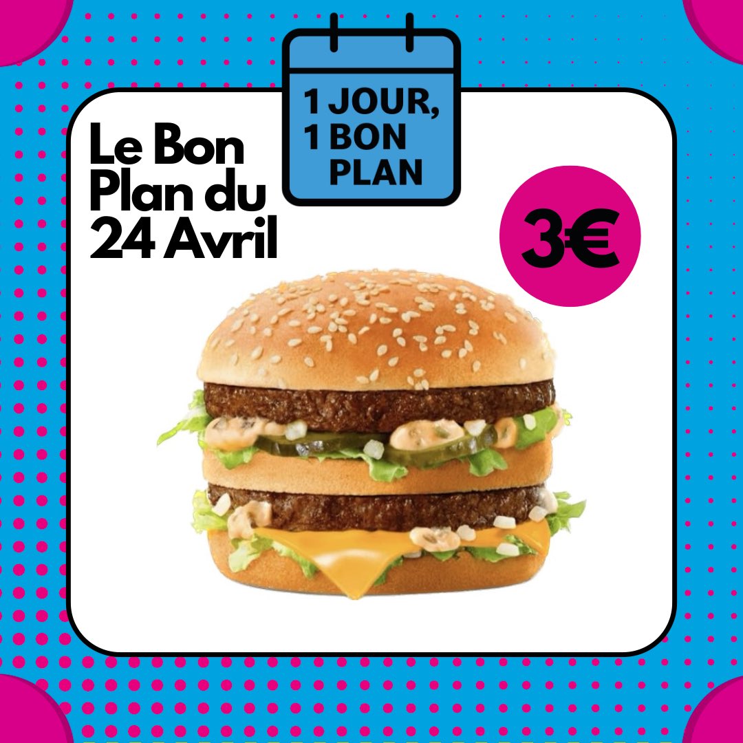 1 Jour 1 Bon Plan ça commence dès aujourd’hui !

Profitez du savoureux Big Mac pour seulement 3€ 😋😋

De quoi bien commencer la semaine 🤩

#ilovemcdo #1jour1bonplan #offre #mcdo #nimes #mcdonimes #villeactive #7collines #capcostieres