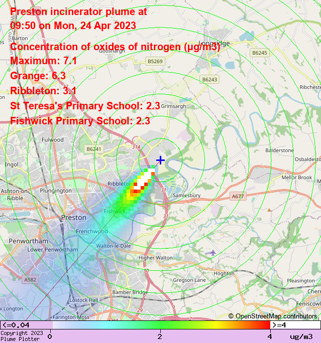 plumeplotter's tweet photo. Latest Preston incinerator plume plot, 09:50 24/04/23 #Grange #Ribbleton #Fishwick https://t.co/vYUTMnLQDm https://t.co/XqMbkOoZRR