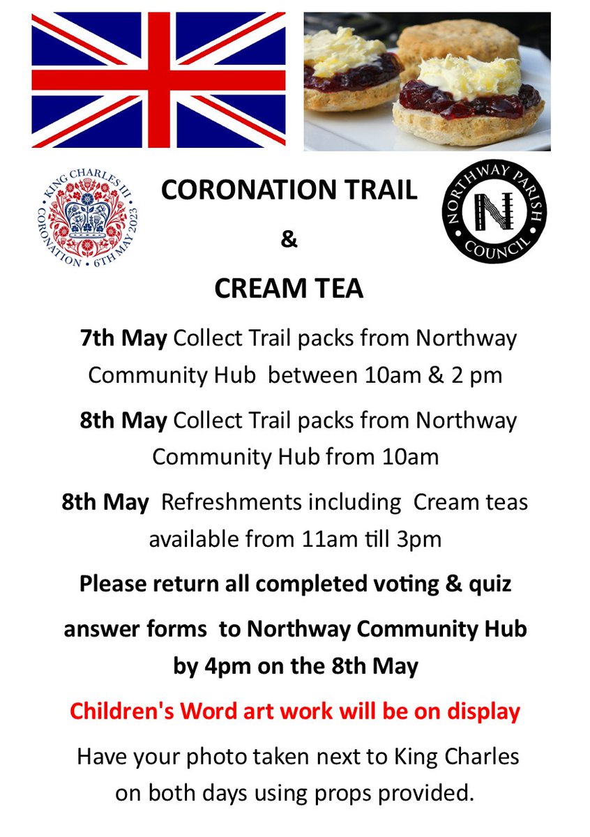 NorthwayPC's tweet photo. Northway Coronation Trail: 6 - 8 May. You have until Weds to submit a registration form to get your house included in the Trail. Email parish.council@northwaypc.org.uk. Prizes of £200, £100 and £50 for best decorated houses and £50 for one winner of the Trail quiz. https://t.co/PG08d1Zv41