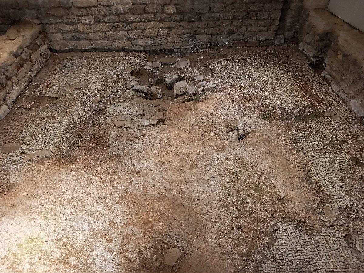 The collapsed mosaic in the anteroom where guests would assemble before dinner. Evidence of the decline of the Villa #MosaicMonday #mosaic #romanbritain #romanvilla