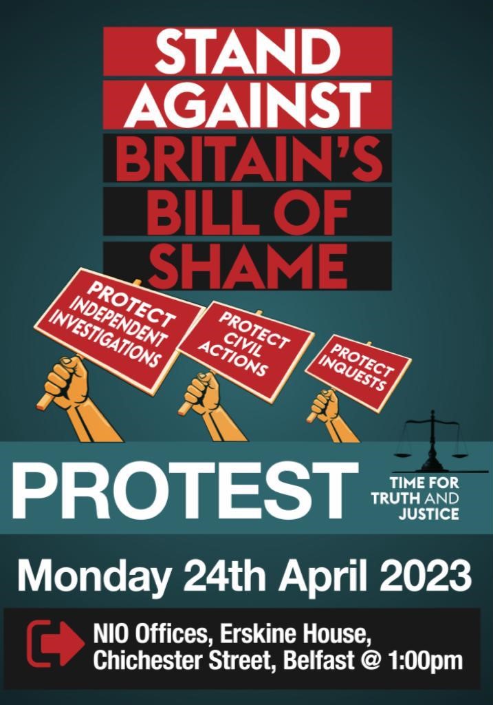 Families of the #TimeForTruth Campaign will be protesting the Northern Ireland Office building in Belfast today. BritGov's Legacy Bill or #BillOfShame is re-scheduled when it needs binned 
🗓️ Monday 24th April 2023, 1pm  
📷 20 Chichester St., BT1 
fb.me/e/131pkL8z5