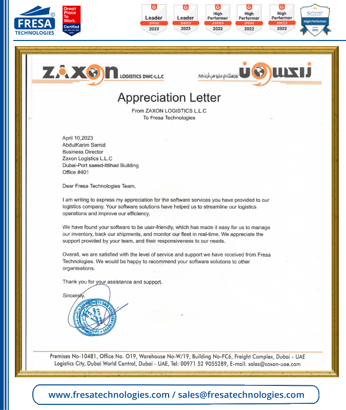 fresatechnology's tweet photo. Dear Fresa Technologies Team,
I am writing to express my appreciation for the software services you have provided to our logistics company.
#fresa #Client_Appreciation #userfriendly #inventory #fleet #realtime #solutions #ZAXON https://t.co/axK80EmuCQ