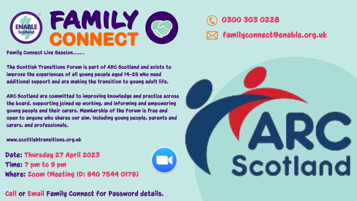 LaurenEnable's tweet image. Don't forget our Live #FamilyConnect session is happening this Thursday at 7pm and we are joined by @ARCScot to hear about #Transitions. A brilliant way to finish up our #Transition month! Please contact us for joining details. See you all then! #ENABLEScotland #ARCScotland