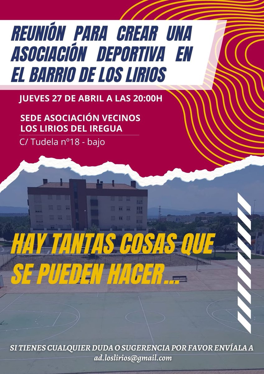 ¡Hola!

Con el objetivo de crear una Asociación Deportiva en el barrio de Los Lirios, se convoca está reunión el próximo jueves 27 de abril a las 20.00h en la sede de la Asociación de Vecinos, en la c/ Tudela 18, bajo.