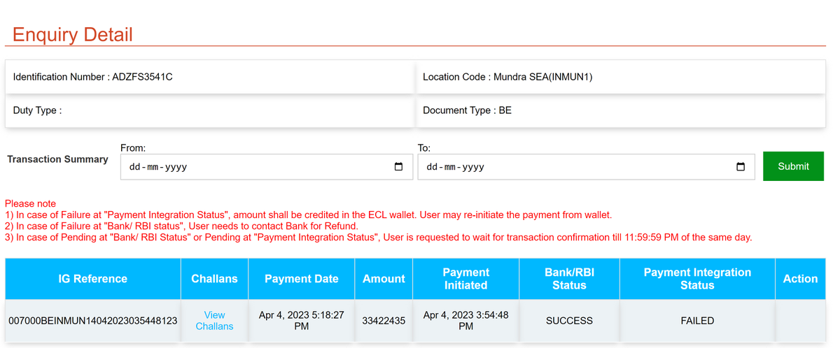 anuj20sept's tweet photo. @cbic_india @FinMinIndia  Payment done through RTGS mandate form . Payment status showing success but integration status showing failed. Amount not credited back to ECL wallet it has been 20 days now. Ticket no IMO2674068. Icegate ID SAFECLOSURES. IEC code ADZFS3541C https://t.co/Sq4xkObUVK