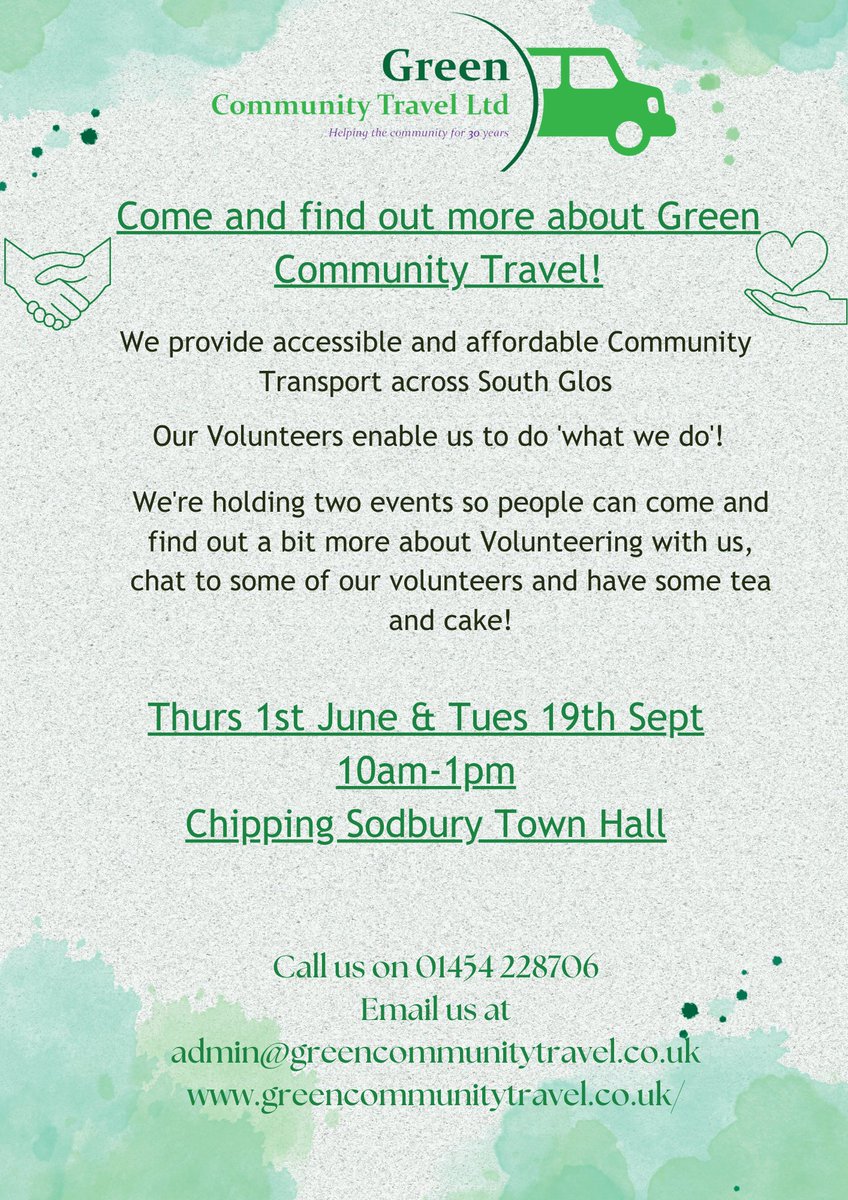 We're holding a #volunteer event on the 1st of June and 19th of September in #ChippingSodbury. Come and speak to the team and some of our volunteers about being a volunteer for Green CT. Tea, coffee and more importantly...cake!
#communitytransport #Yate #SouthGlos