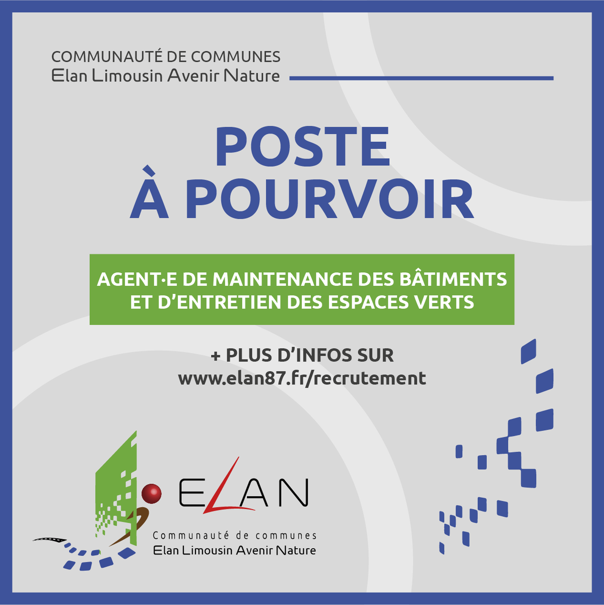 CCElan87's tweet photo. [ELAN RECRUTE]
👉 La @CCElan87  recrute un·e agent·e de maintenance des bâtiments et d'entretien des espaces verts 🙌.
➡ Vous trouverez toutes les infos pour postuler sur notre site : https://t.co/oQv0Ib0Zdx !
#offredemploi #recruteurs #recrutement #FonctionPubliqueTerritoriale https://t.co/R4XGCVoZTB
