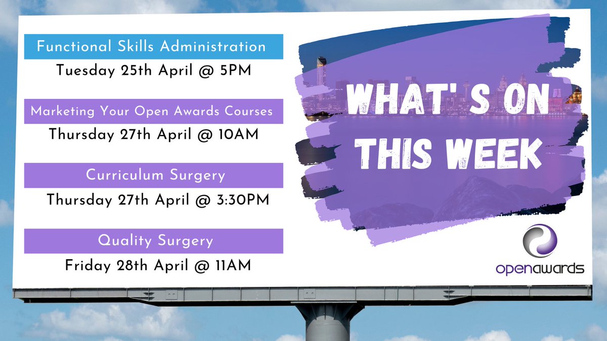 openawards's tweet photo. Happy Monday everyone! β
We have some exciting training sessions & events running this week for our providers focusing on #FunctionalSkills, Marketing Your Courses, #CurriculumSupport & #QualityAssurance.
To book your place, visit βΆ https://t.co/2fDrtbAy7D
#ElevensesHour https://t.co/UpbE5q7YXz