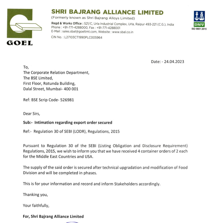 Shri Bajrang Alliance Limited receives 4 container orders 

 #ShriBajrangAlliance #OrderWin #MiddleEast #USA
