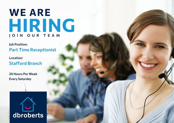 PropertyCentres's tweet image. 𝗪𝗘 𝗔𝗥𝗘 #HIRING
We have a Part Time Receptionist position available at our Stafford branch, the successful candidate will be required to work 20 hours per week including every Saturday. 

If you would like to apply, please send your CV to hr@dbroberts.co.uk 📄

#dbroberts