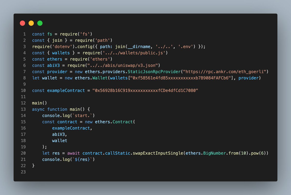 0x0_zero's tweet image. #UniswapV3 #Etherjs #callStatic
学习了下UniswapV3，写了个合约，复习下知识点：etherjs的callStatic可以模拟执行代码并获取合约返回值。