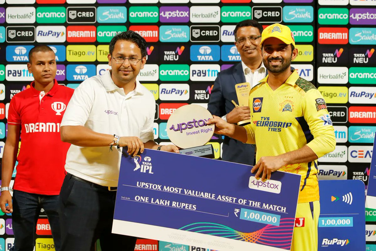 TeamAjinkya's tweet photo. 5 Awards for @ajinkyarahane88 in yesterday's match against @KKRiders 🔥

- Player of the match
- TIAGO.ev Electric Striker of the match
- Dream11 Gamechanger of the match
- Upstox most Valuable asset of the match
- Rupay on the GO 4s

#WhistlePodu #Yellove 💛🦁 https://t.co/1nvXqubvjw
