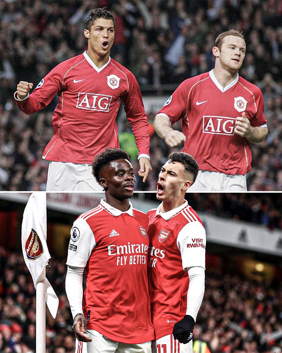ESPNUK's tweet photo. Bukayo Saka and Gabriel Martinelli are the first two teammates aged 21 and under to record 20+ goal involvements in a single Premier League season since Cristiano Ronaldo and Wayne Rooney 👏 https://t.co/V1TQlaTuRM