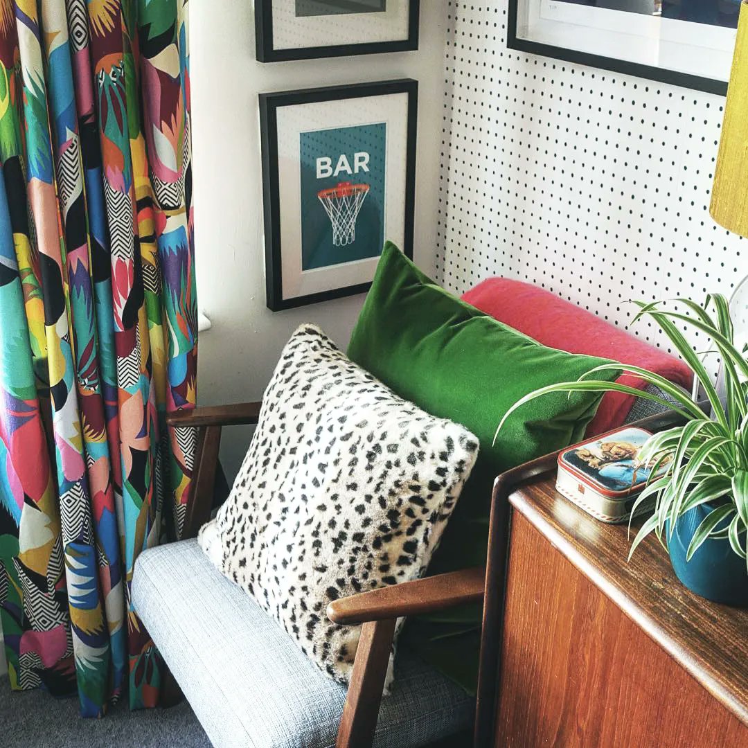 An exclusive design celebrating Barnet, sitting pretty in Emily's lovely living room. I have a bit of a penchant for pegboard - and it looks awesome alongside the mid-century furnishings. #myplaceinprint buff.ly/2T3p8FD