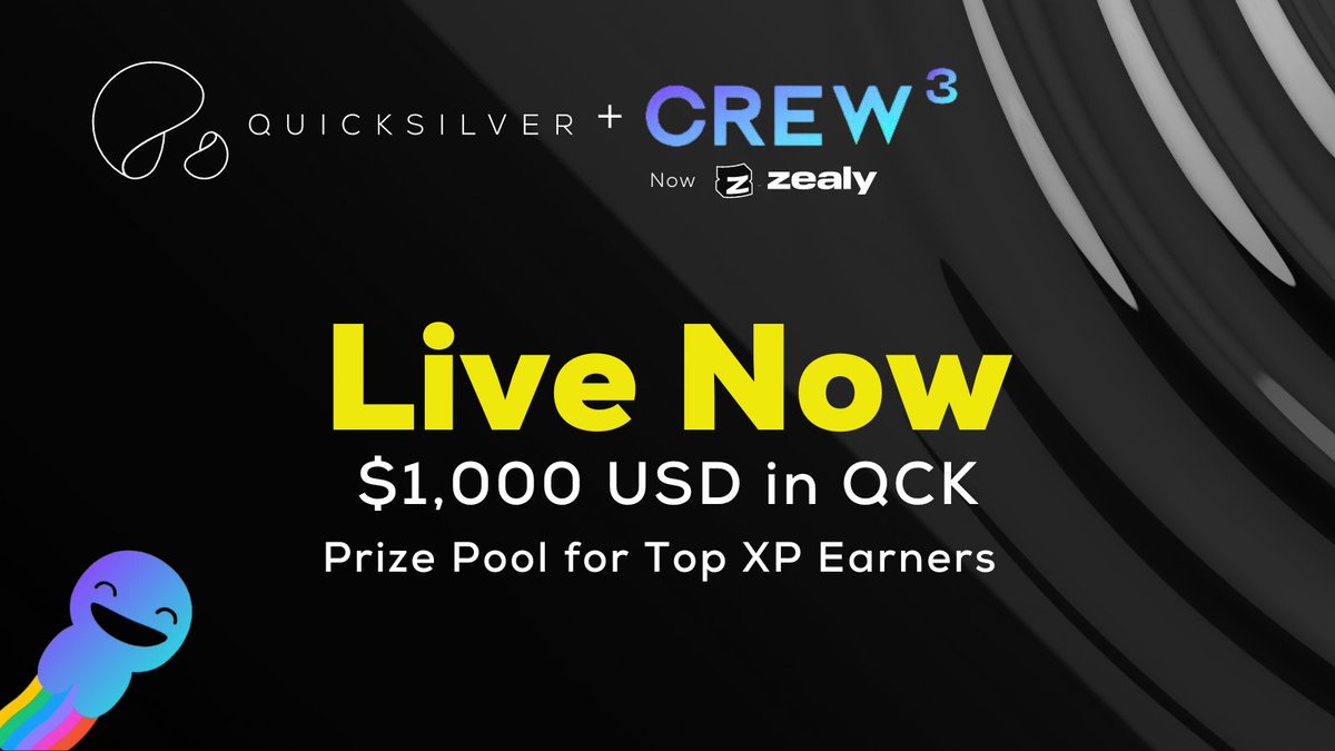 Sprint 1 on Quicksilver's Zealy/Crew3 questboard has launched! 🚀🎉 Finish quests &amp; earn XP to earn part of a prize pot of $1000 in QCK + more prizes🔥

Top XP earner prizes:
🥇 Top 1-5: $100/each 
🥈 Top 5-10: $50/each
🥉 Top 10-20: $25/each

JOIN: zealy.io/c/quicksilverz…
👇 🧵