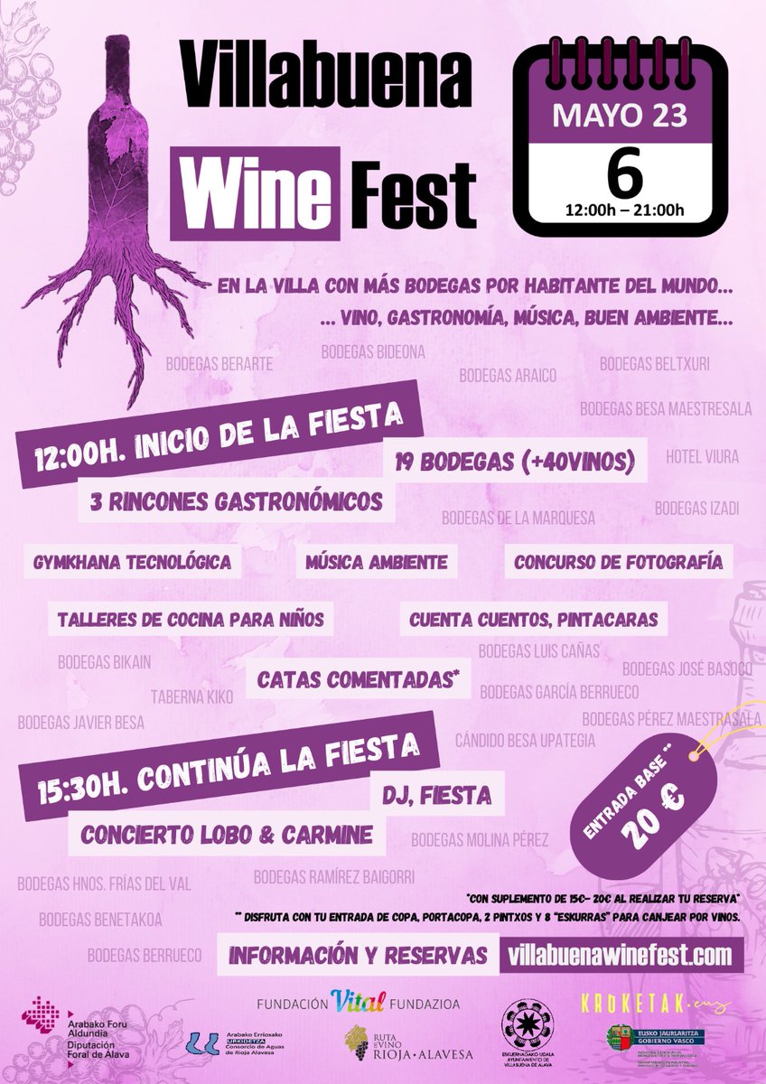 El próximo 6 de mayo es la fecha elegida para una cita ineludible en <a href="/RiojaAlavesa/">Rioja Alavesa</a> El pueblo con más bodegas por habitante del mundo celebra su II Villabuena Wine Festival, donde aúna gastronomía, folklore y, cómo no, vino de Villabuena. Entradas --> villabuenawinefest.com/entradas-de-la…
