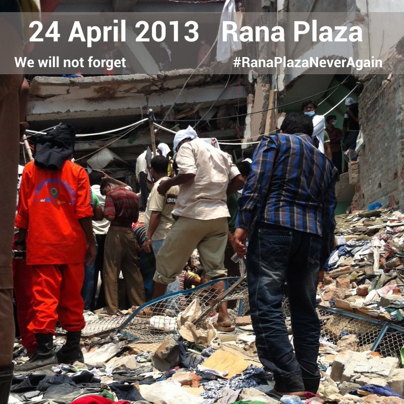 #RememberingRanaPlaza.

Today, we remember the 1,138 lives lost. We remember the workers and families affected by this preventable tragedy and demand that nobody dies for fashion.