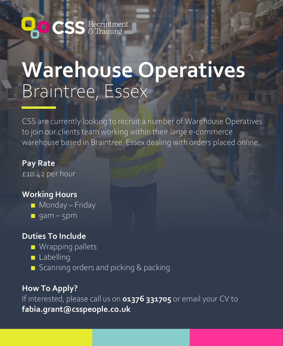 WE'RE #RECRUITING 😄

👉 Warehouse Operatives
💷 £10.42 per hour
📍 Based in Braintree, Essex

☎️ To apply, please give our team team a call on 01376 331705!

#Jobs #JobSearch #WarehouseOperatives #IndustrialJobs #EssexJobs #Lookingforwork #JobOpportunity #Recruiting