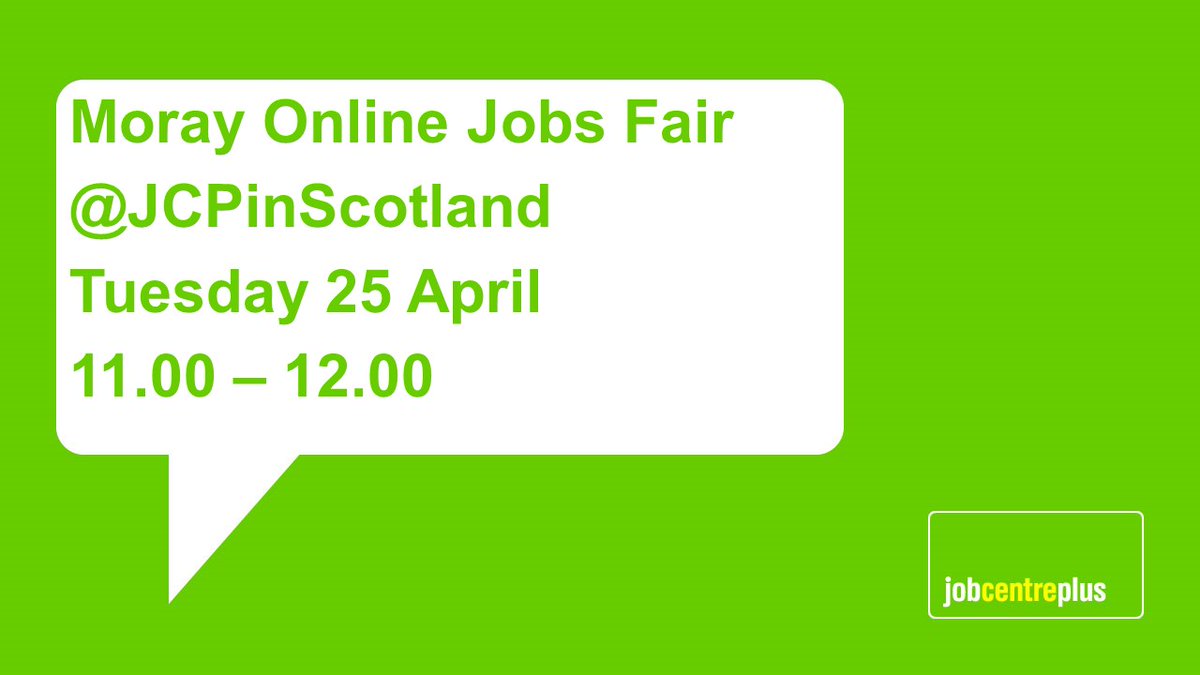 📣 Join our #Moray Online Jobs Fair on Tuesday 25 April from 11:00 to 12:00.
Sixty jobs and opportunities will be advertised in sixty minutes via @JCPinScotland.
#JobsInMoray