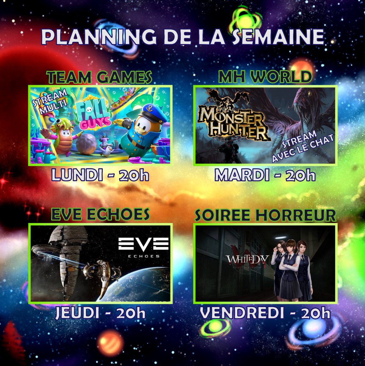 LeKricket's tweet photo. Voici le planning de la semaine ! 🤗
🎥 Lundi - Fall Guys en team 🤝
🎥 Mardi - Stream MH World avec le chat 🐉
🎥 Jeudi - Soirée dans l'espace sur EVE Echoes 🚀
🎥 Vendredi - La reprise + fin de White Day ? 👻
#twitch #stream #planning #twitchfr #games https://t.co/ZaiwiWOqd1