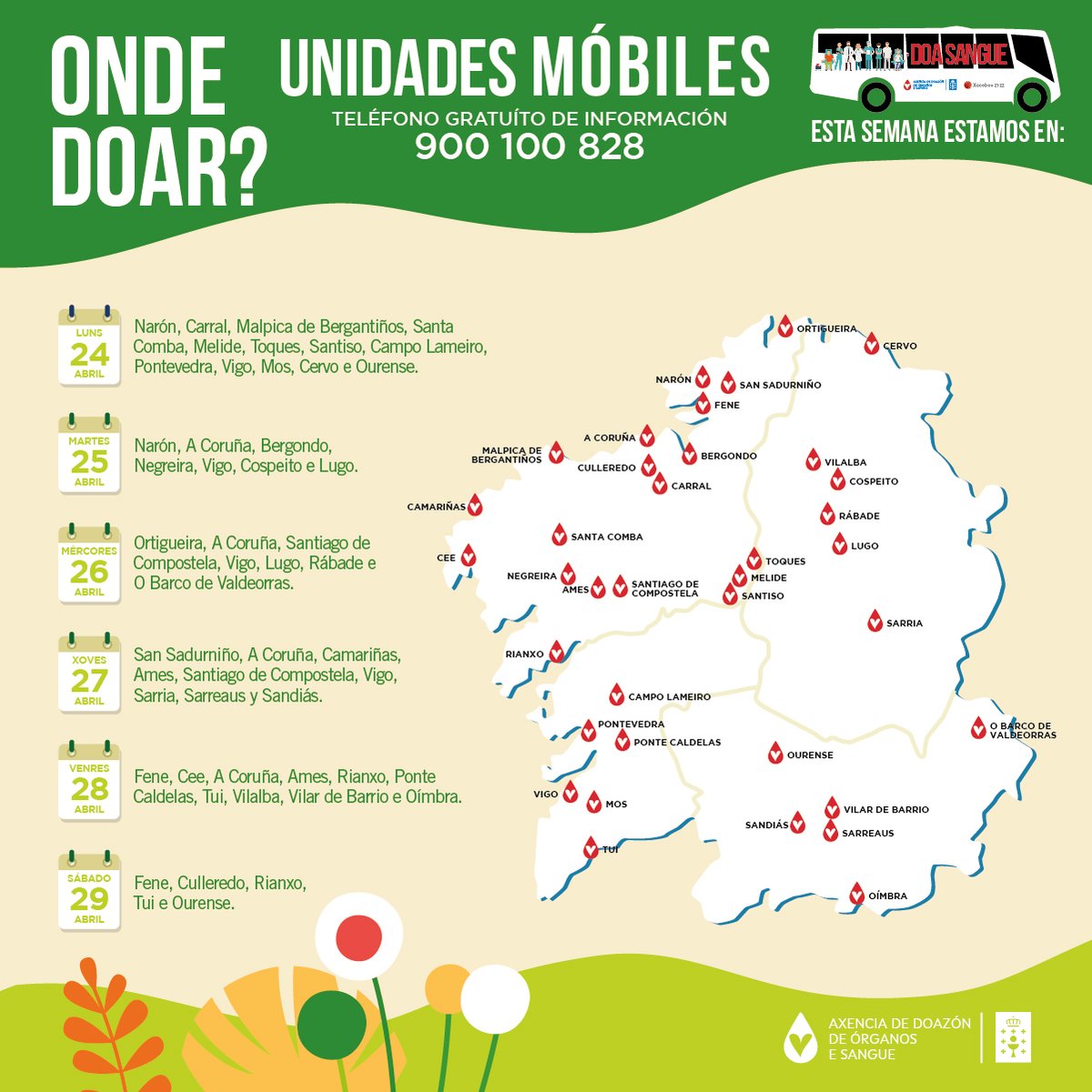 doadoressangue's tweet photo. 🗺️ Nesta semana temos repartidas as nosas unidades móviles por unha morea de lugares, ánimate e achégate, recorda que unha doazón pode salvar ata 3 vidas.

📞 Dúbidas 900 100 828
#ÚnenosOSangue #súmateaonosoequipo https://t.co/LwBTg6DvOW