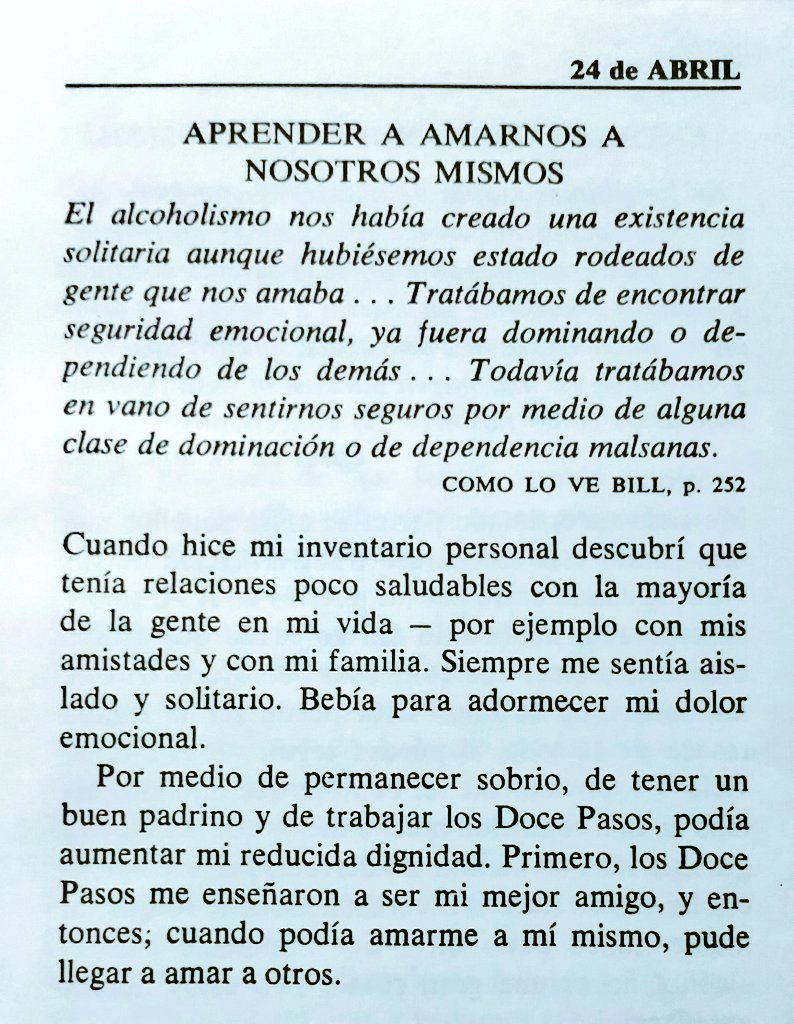 amigosdebillw's tweet photo. Cita y reflexión del 24 de abril
APRENDER A AMARNOS A NOSOTROS MISMOS
Tomado del libro Reflexiones Diarias, Copyright © 1991 by Alcoholics Anonymous World Services. https://t.co/rd5wtZYkmC