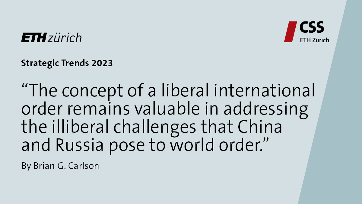 CSS_ETHZurich's tweet photo. Out this Friday: Strategic Trends 2023. In the first chapter, @BrianGCarlson discusses the challenges to world order that China and Russia pose, both separately and through their partnership. #China #Russia
For previous #CSSTrends see here: https://t.co/sQRjZQjsPk https://t.co/3vu8rvxdcK