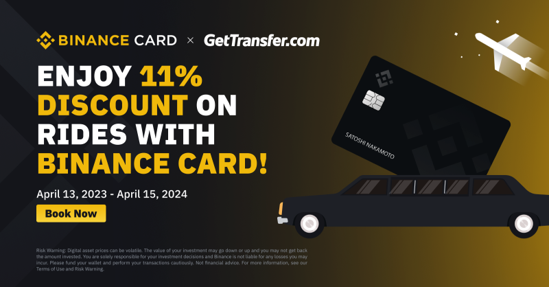 binance's tweet photo. Get 11% off when booking airport transfers, car rentals, and more with #Binance Card!