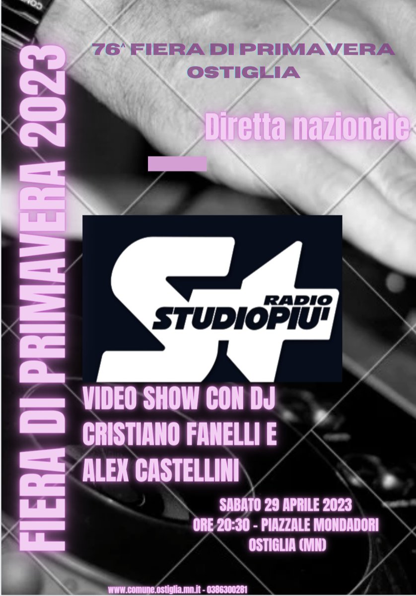 AVVISO: CAUSA CONDIZIONI METEO INCERTE, L'EVENTO MUSICALE CON RADIO STUDIO PIU' IN PROGRAMMA PER IL 24.04 E' STATA RINVIATO A SABATO 29.04.2023.