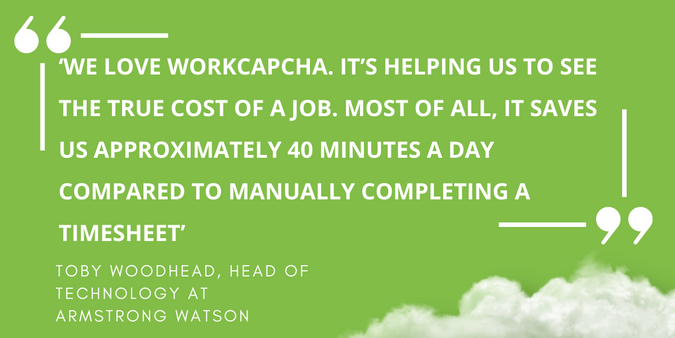 CloudCapcha's tweet image. Did you know by automating the time recording process your employees will spend less time reconstructing their day and more time on their clients? Armstrong Watson was able to save 40mins a day. #Accounting #AccountingTech #TimeRecording