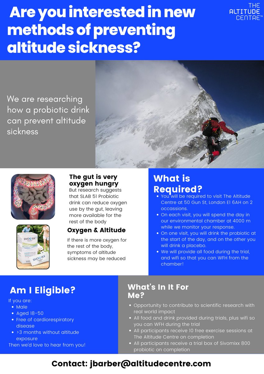 Last year <a href="/AltitudeCentre/">The Altitude Centre</a> investigated probiotics at altitude. Now we're back and recruiting participants for a new study!

**PARTICIPANTS REQUIRED** 

Help us learn about whether probiotics can protect against altitude sickness, and get 10 free sessions at The Altitude Centre