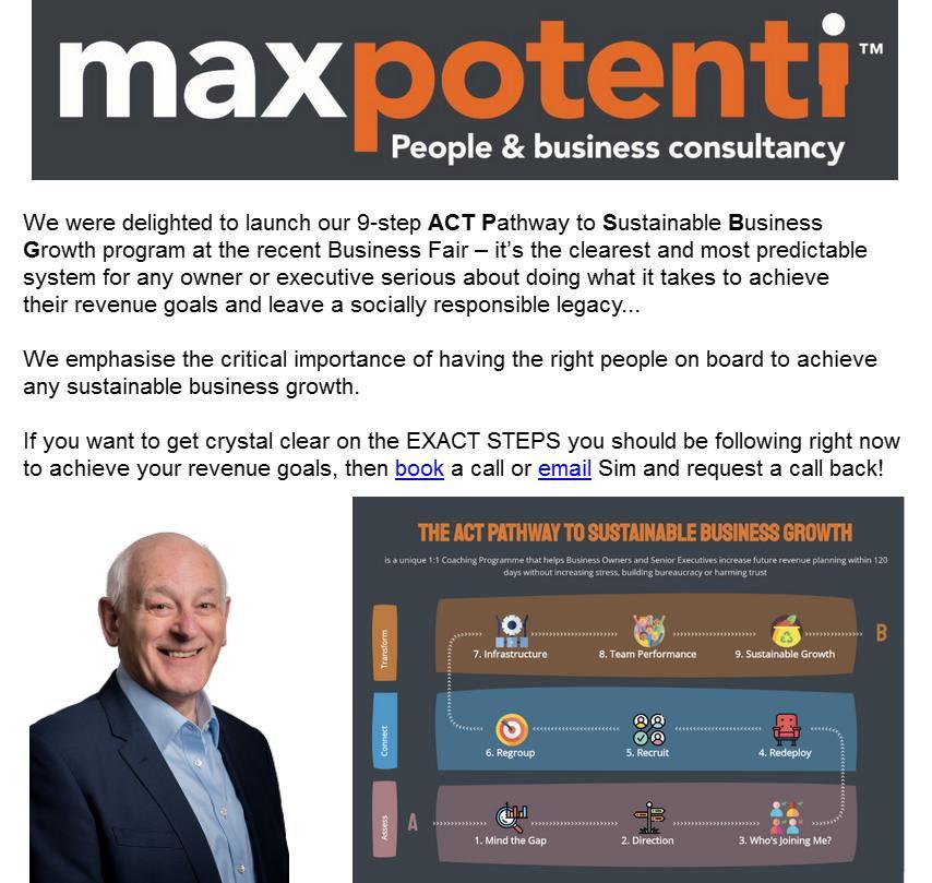 Explore how to achieve your revenue goals with the Maxpotenti @SimGoldblum 9-step ACT Pathway to Sustainable Business Growth program  @gmchamber @BizGrowthHub @GMLEP @MakeUk_ maxpotenti.co.uk