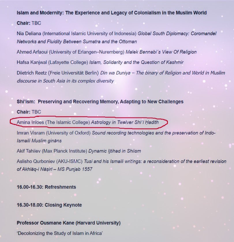 Join <a href="/AminaInloes/">Amina Inloes</a> in talking about astrology in Shi'i hadith at the British Association for Islamic Studies conference on May 16, 2023 in London - listen and share your expertise! brais.ac.uk/conferences
