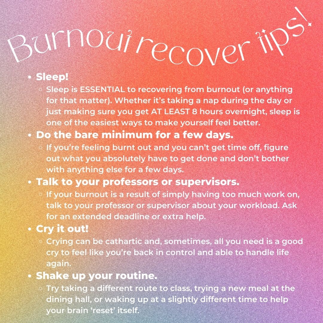 BSUOutreach's tweet photo. With the semester coming to a close, you may begin to feel a little burnout. Here are some tips to help reverse the burnout and finish the semester strong!
#mentalhealthmonday
#BSUoutreach
#BSUHealthPro
#ThisIsBSU https://t.co/zMo3l0SwVj