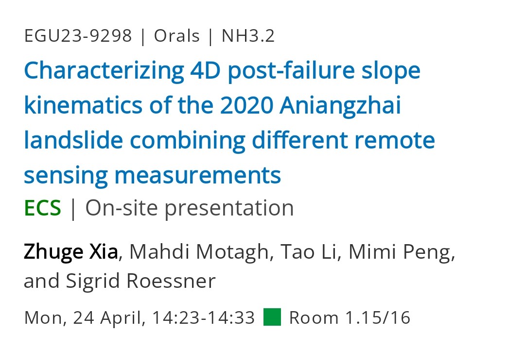 First day of <a href="/EuroGeosciences/">European Geosciences Union</a> General Assembly #EGU23 conference! 
Our group will be presenting two talks today about #Aniangzhai #landslide &amp; tectonics of the #Tianshan orogenic belt

Zhuge Xia, April 24, NH3.2, 14:23-14:33

Xiaohang Wang, April 24, TS3.7, 16:15-16:25