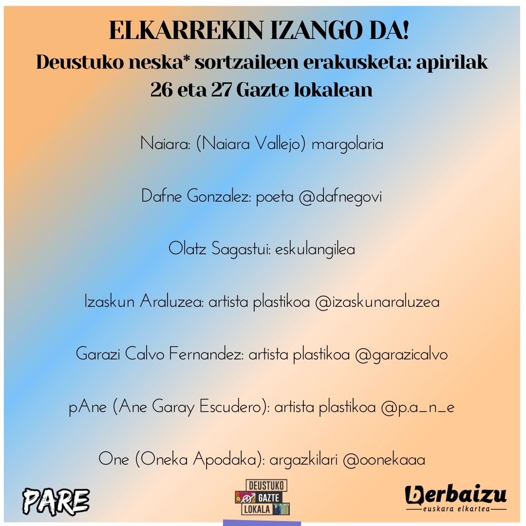 berbaizu's tweet photo. Aste honetan PARErekin batera Deustuko neska* sortzaileen erakusketa antolatu dugu Gazte lokalean. 
Eskerrik asko parte hartuko duzuen artistei😄
@Paredeustu 
@DeustuGaztetxea https://t.co/9hpqNKos2B
