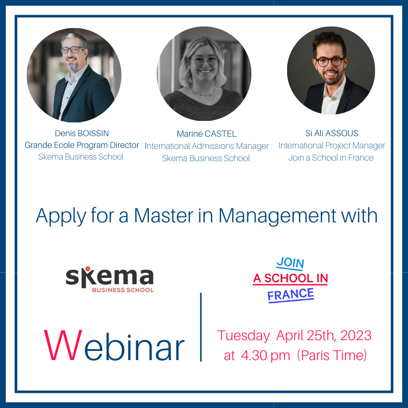 JoinusinFrance's tweet photo. You want to learn more about the #MasterinManagement at @SKEMA_BS ?

Our teams have the answers you need to apply.
#etudesenfrance #studyinfrance #campusfrance #businessschool 

Register now
https://t.co/tyI9W6oDzm https://t.co/mqQsQZ9pen