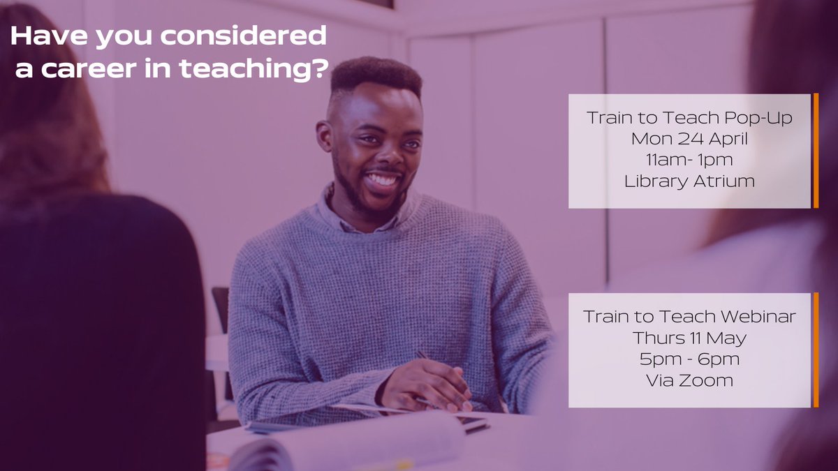 Have you thought about becoming a teacher? Join us at the Library today for a Train to Teach pop-up event, or at our next  webinar on Thursday 11th May!

Find out more here: uni.port.ac.uk/3LlDxLH