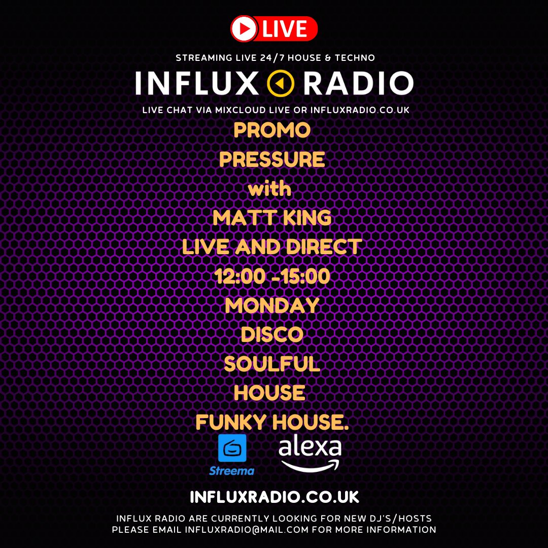 LIVE FROM 13:00 .... LOTS OF BRAND NEW BANGERS!! Remixes from Michael Gray Dr Packer Jet Boot Jack Sandy Rivera (Kings of Tomorrow) and loads more HEAT !!
ASK ALEXA TO PLAY INFLUX RADIO.
DM ME FOR LIVE SHOUTS. OR DROP ON TO THE CHAT ROOM.
INFLUXRADIO.CO.UK
BE SEEING YOU !!