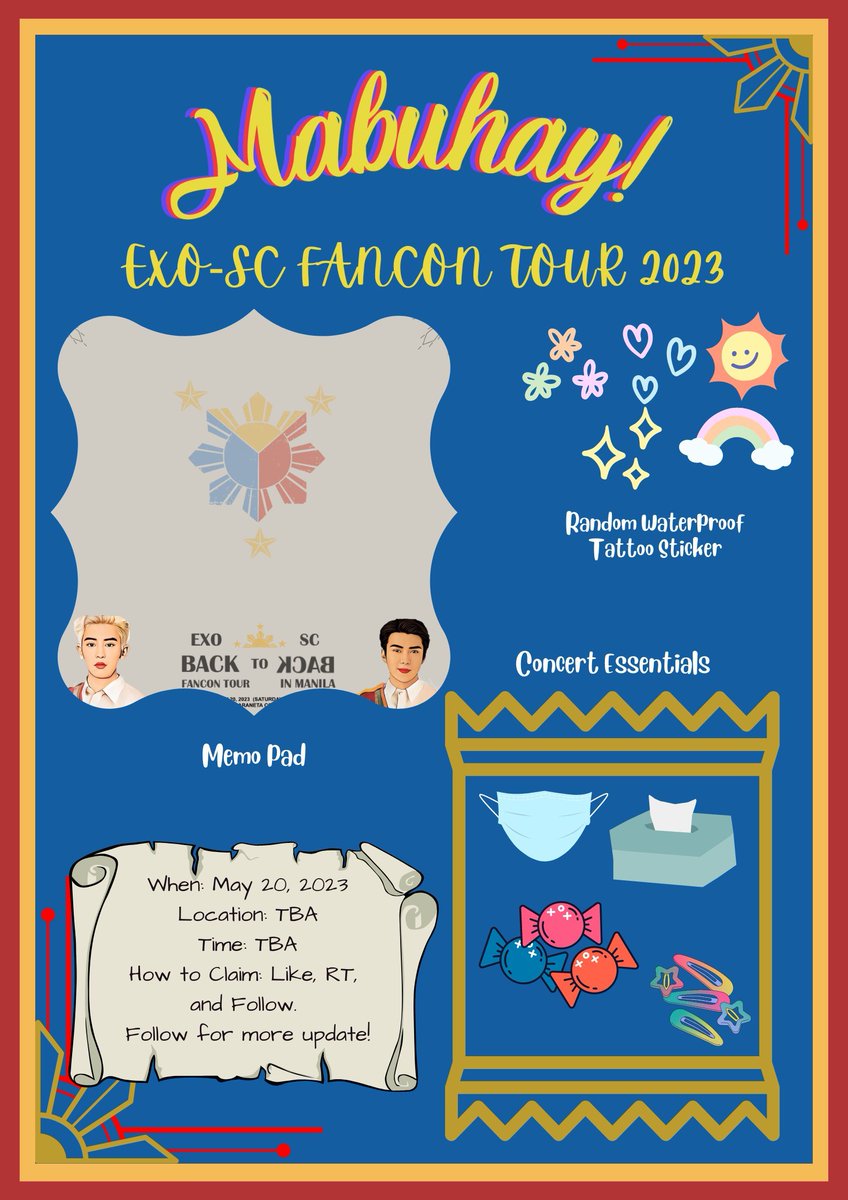 jellybeannnnie's tweet photo. Mabuhay #EXO-Ls/#Phixos out there! Are you excited for the upcoming Back to Back Fan Concert of #EXO-SC here in Manila? We are too! That's why we prepared a fan support project for Ginoong #Chanyeol & Ginoong #Sehun! See you ERIs and EROs!
Follow for more updates!
#EXOSCinMNL https://t.co/a90uOGnugp