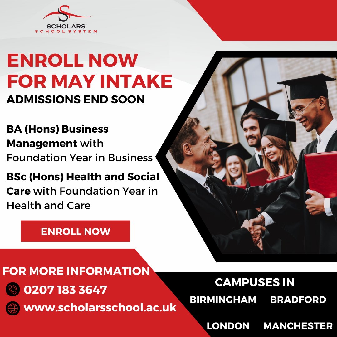 A reminder that there is still time to enrol for our May intake.

For more information, please visit our website or contact 0207 183 3647.

#scholarsschool #students #support #staff #education #help #educationforall #enrol #birmingham #manchester #london #bradford #studentguide