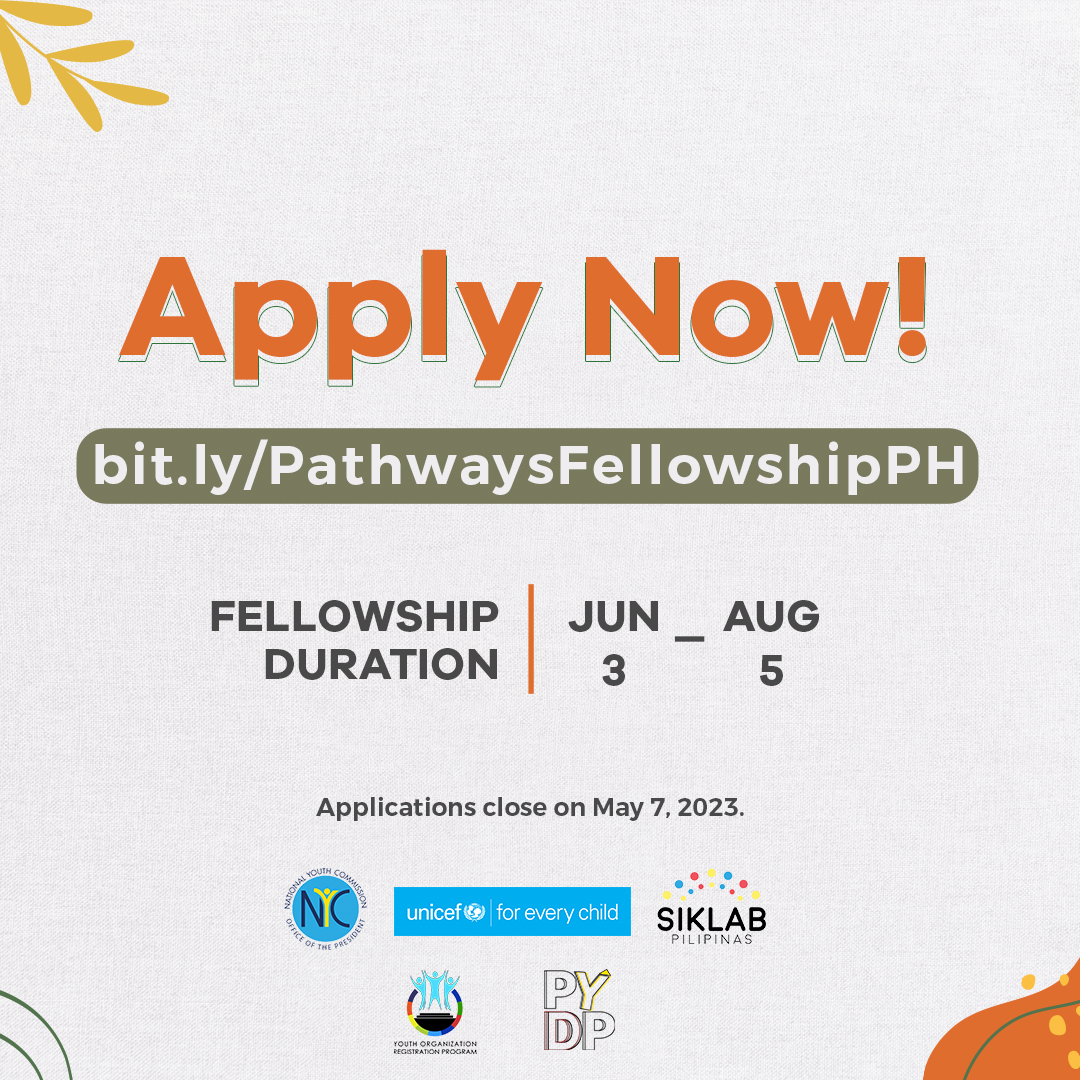 TRANSFORM YOUR IDEAS INTO ACTION!

The Pathways Fellowship Program of  @NYCPilipinas, @unicefphils, and Siklab Pilipinas together with the Youth Organization Registration Program and the Philippine Youth Development Plan (PYDP) is now accepting Applications!