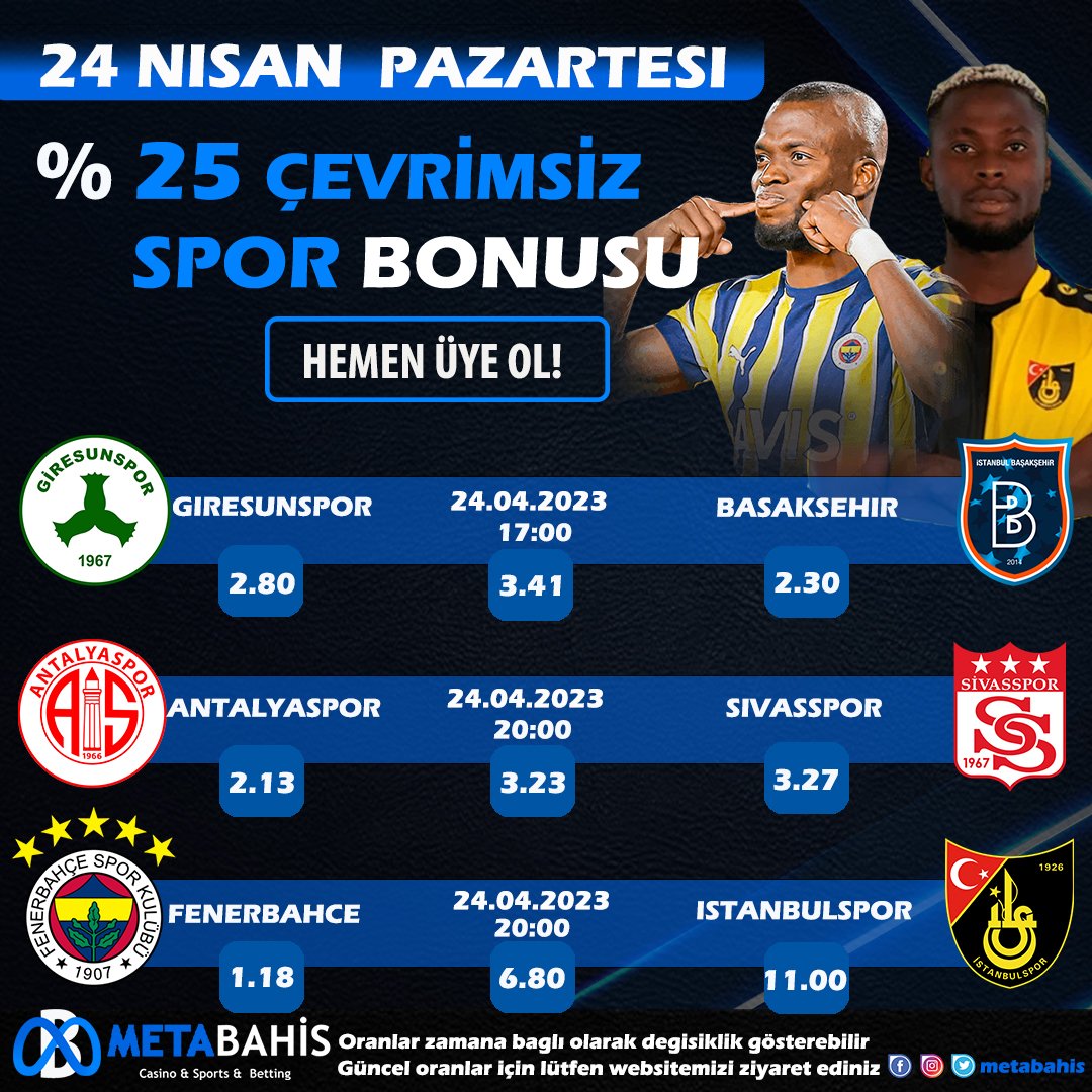 #METABAHİS İLE EN YÜKSEK ORANLARLA GÜNÜN MAÇLARI!

🏆 METABAHİS İLE OYNADIKÇA YÜKSEK KAZAN!

⚽️ GÜNÜN EN ÇOK TERCİH EDİLEN KUPONLARI!

🎁 %25 SPOR BONUSU!

💰 %30 SPOR KAYIP BONUSU!

🔗bit.ly/3Z88E18