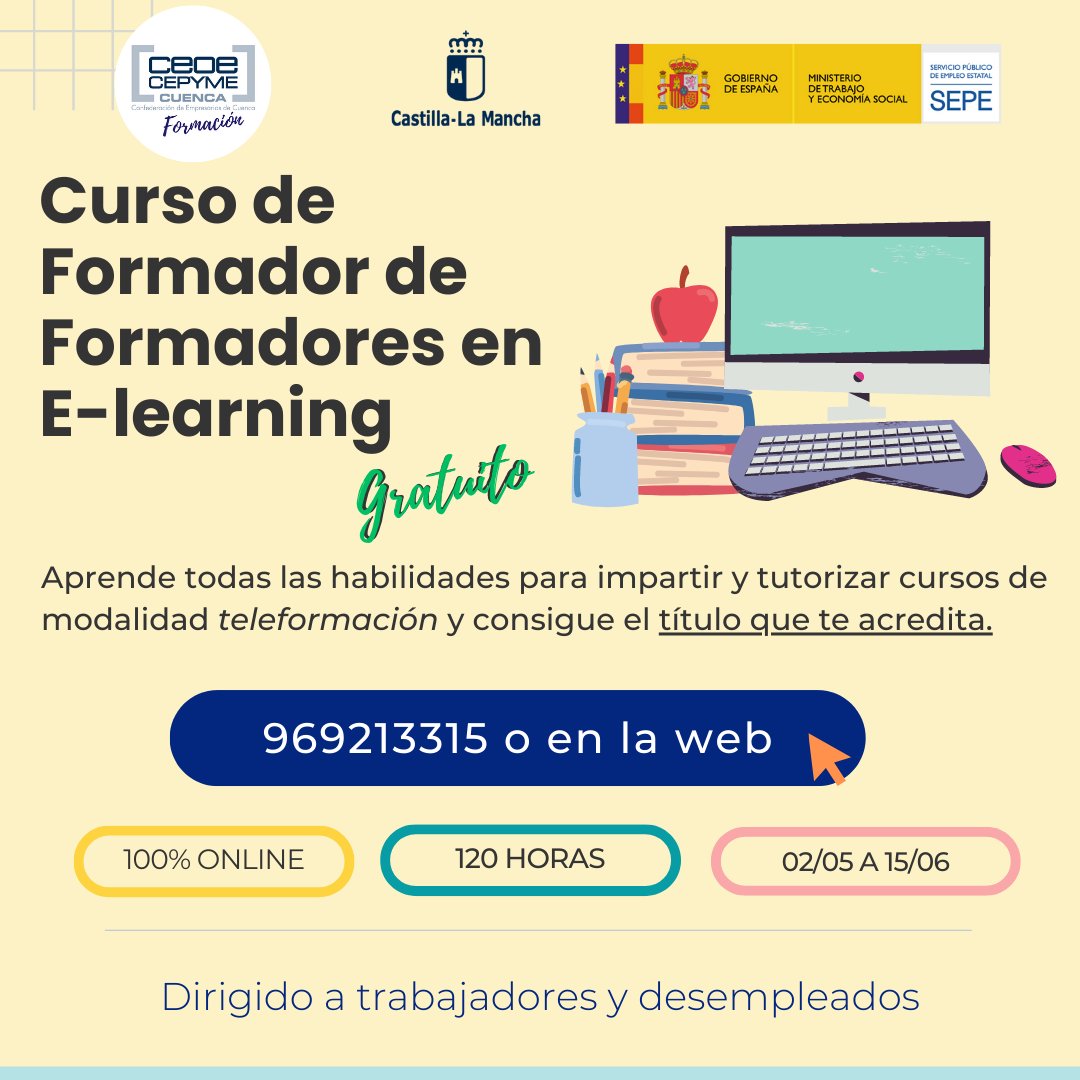 Aprende todas las habilidades necesarias para impartir y tutorizar cursos en Teleformación. ¡Curso gratuito y online! 
📷Consulta el temario aquí: bit.ly/449o09k
📷Inscríbete aquí: e-empleo.jccm.es/.../solicitude…