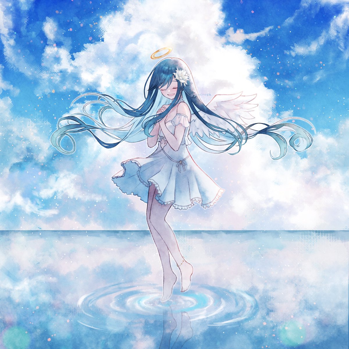 1girl wings dress solo long hair closed eyes barefoot  illustration images