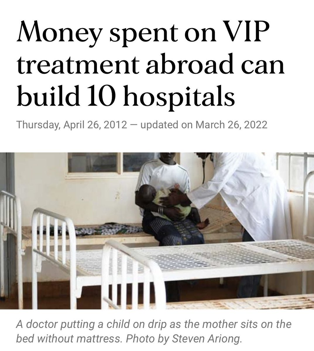 SarahBireete's tweet photo. Expenditure on treatment of government officials abroad has grown from 10bn in 2021 to 377bn in 2022. This is enough money to construct 10 hospitals of the standard of the private Kampala International Hospital, medical experts told @DailyMonitor in 2022 #UgandaHealthExhibition https://t.co/QxskrlC54g