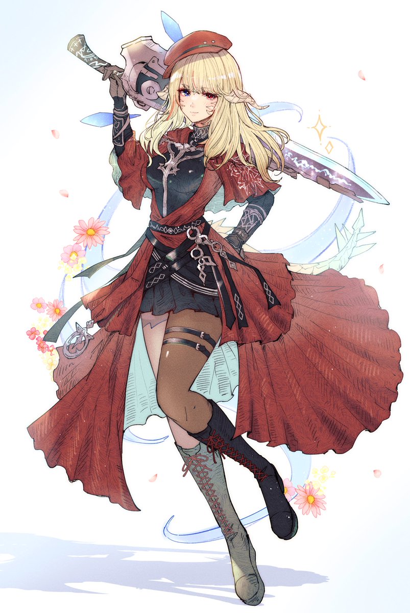 avatar (ff14) 1girl au ra weapon blonde hair solo boots hat  illustration images